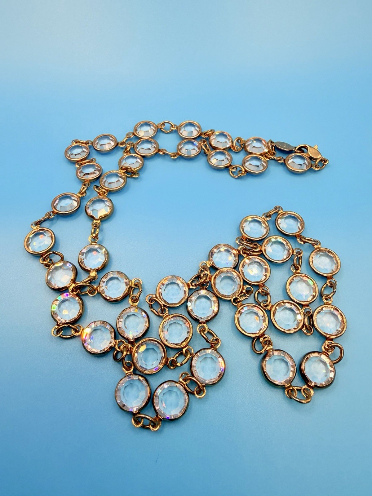 Vintage 1980s Austrian Crystal USA Bezel Station Necklace Gold Tone Long 30″