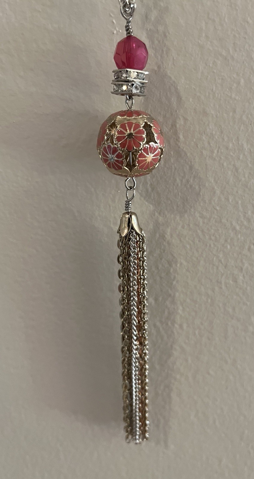Vintage Loft Silver Peach Flower Tassel Pendant Long Necklace, NWOT