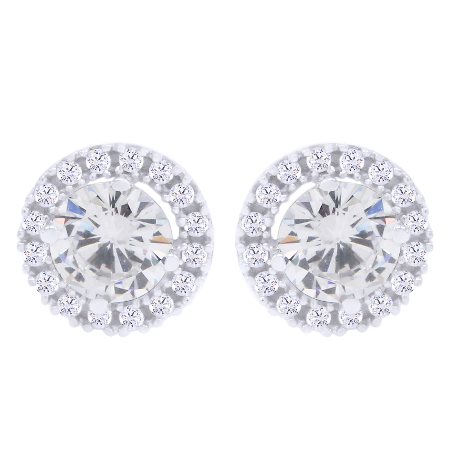 Halo Stud Earrings 14K White Gold For Womens With Push back
