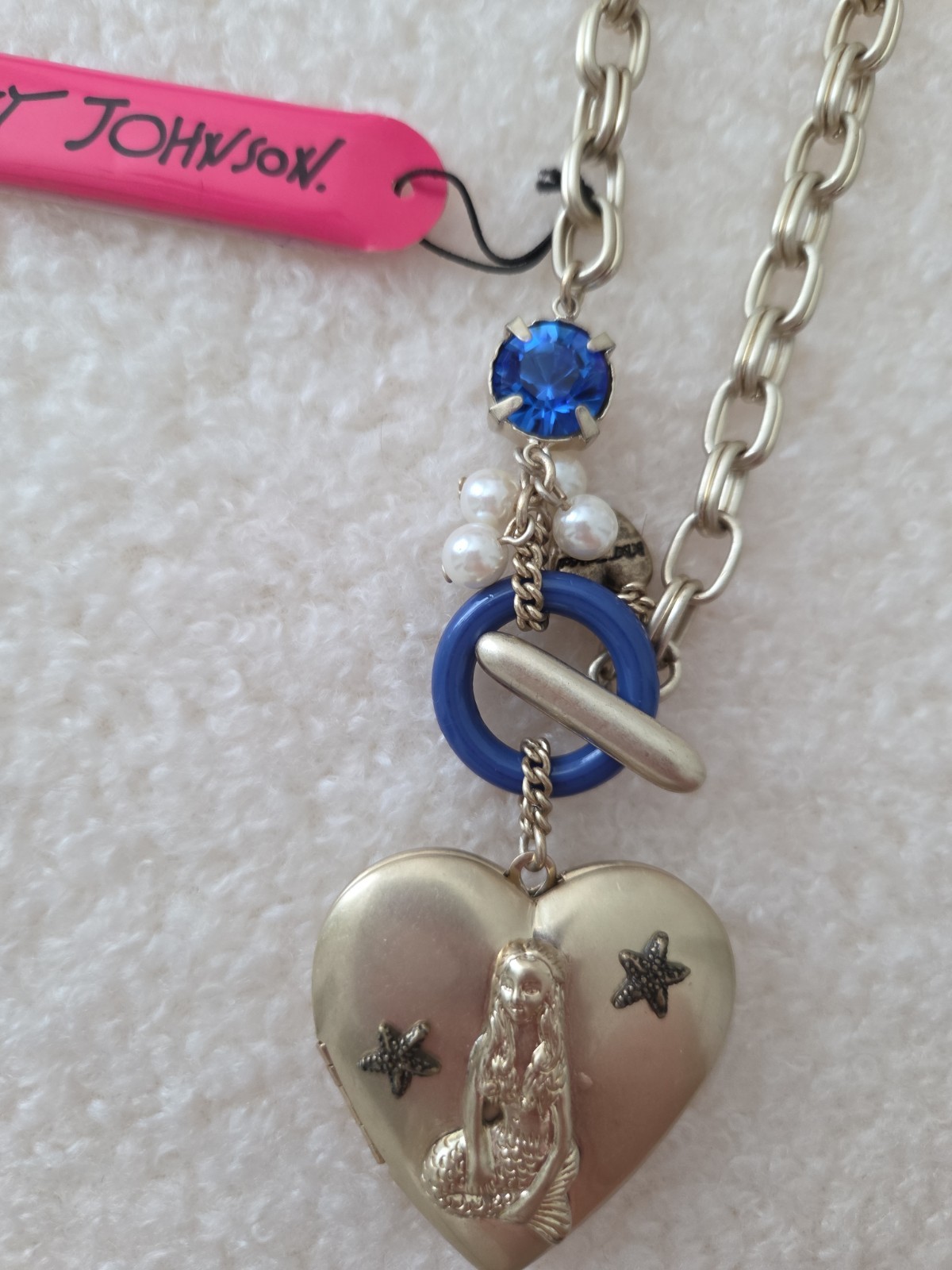 Betsey Johnson Mermaid Vintage Heart Locket Pearl Sea Rare Necklace Blue Stone