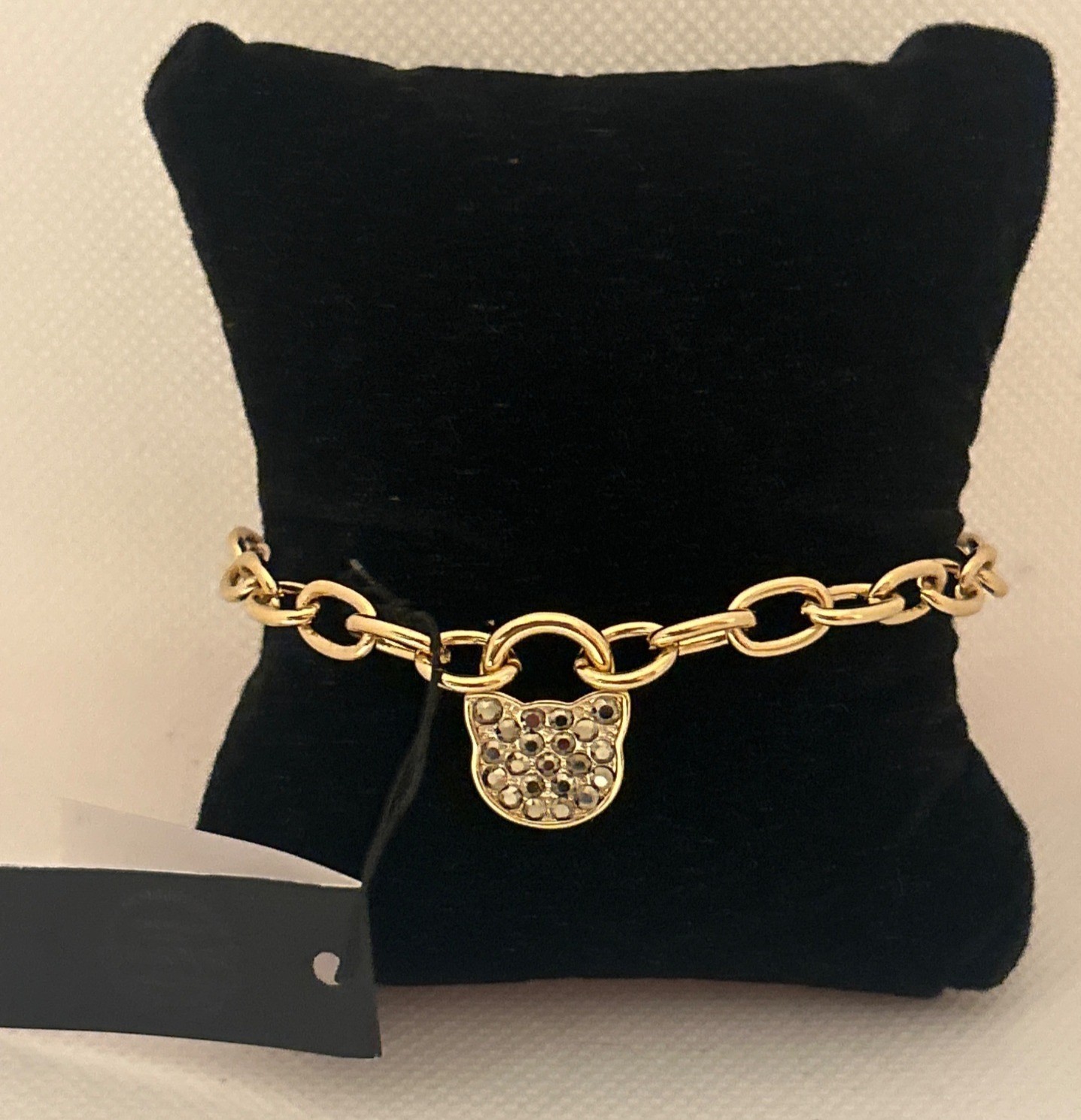 Karl Lagerfeld gold-tone link bracelet with cat charm Swarovski crystals 6.5”-8”
