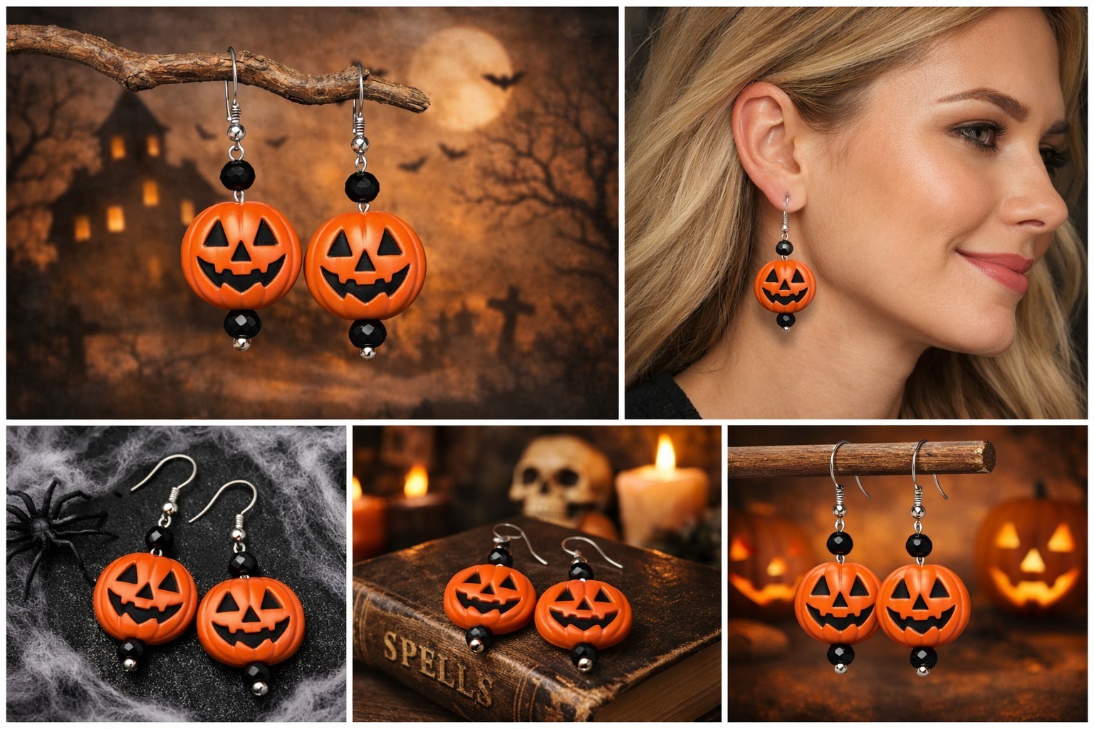 Fall and Harvest Large Pressed Stone Pumpkin Briolette Fishhook Earrings #H3