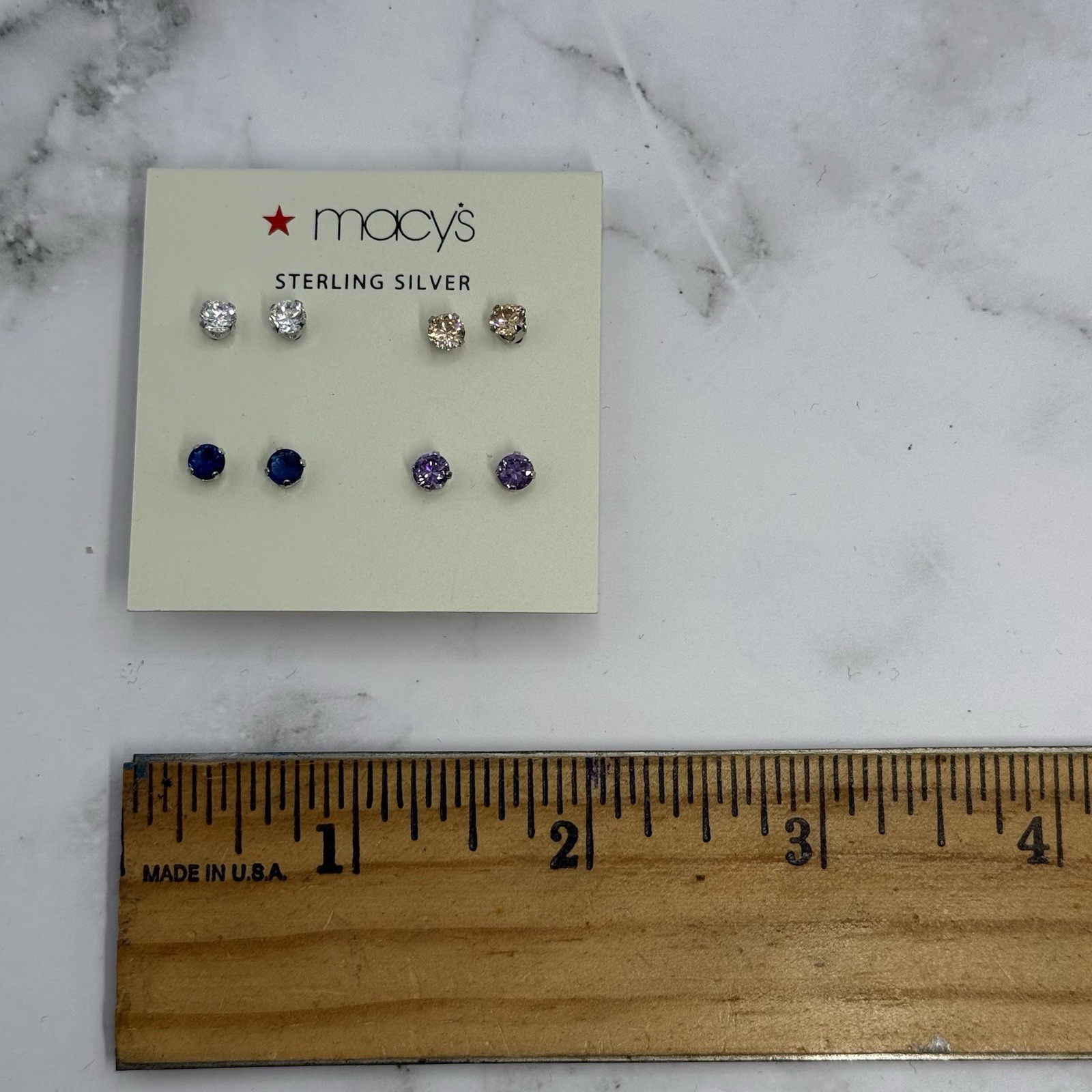 Macys Sterling Silver Cubic Zirconia 4 Pairs – Clear, Blue, Purple, Tan
