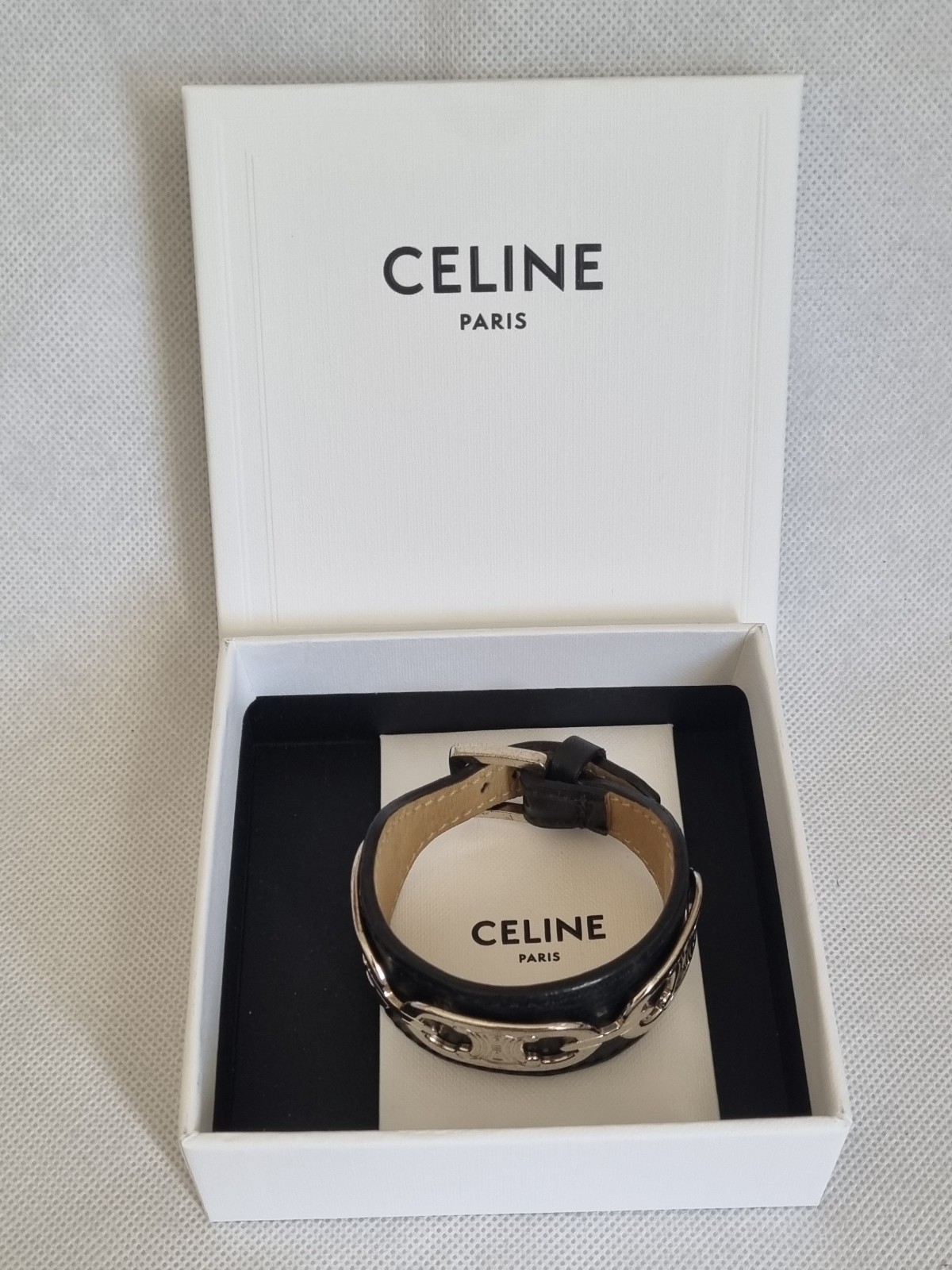 Vtg CELINE Triomphe Black Leather Cuff Bracelet Silver Hardware With Box size S