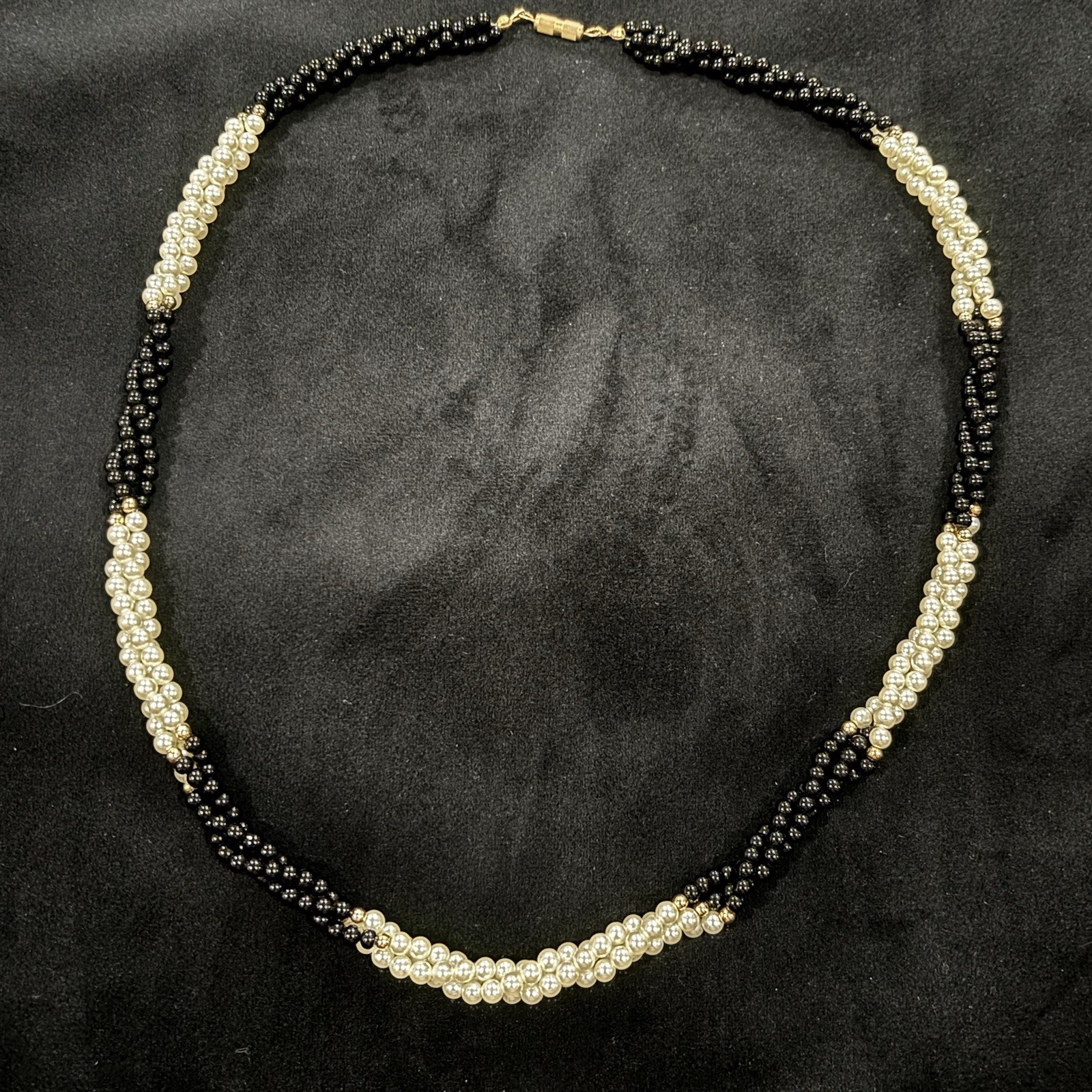 Black & Ivory Faux Pearl Braided Necklace w/ Gold Bead Accents Classic