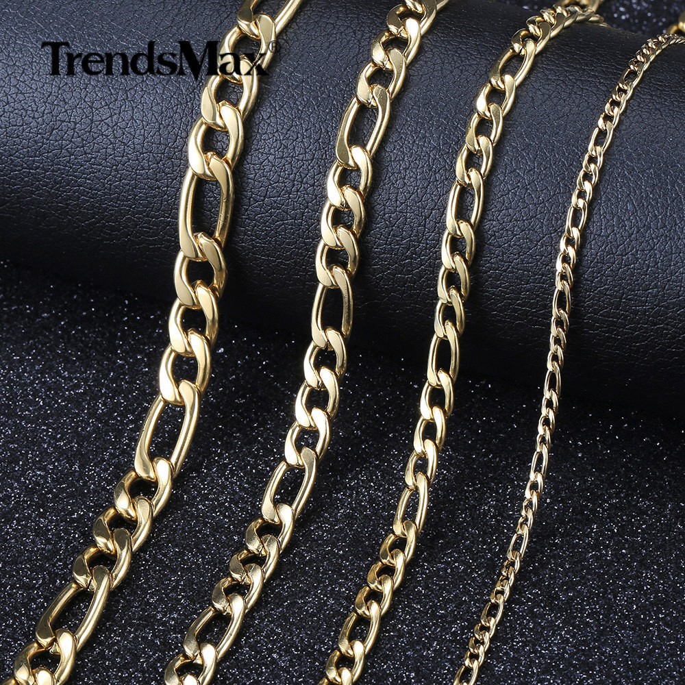 3/5/7/9mm Gold Plated Stainless Steel Figaro Chain Necklace Men Women 16-30″