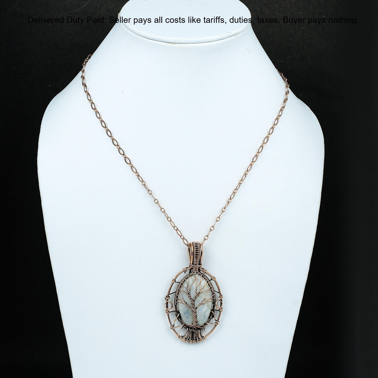 Copper Rainbow Moonstone Gemstone Tree Of Life And Wire Wrapped Pendant Jewelry