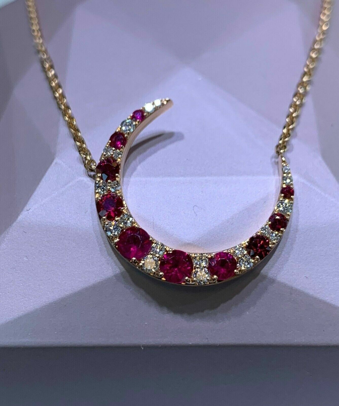1Ct Round Cut Simulated Pink Ruby Moon Women’s Pendant In 14K Yellow Gold Plated