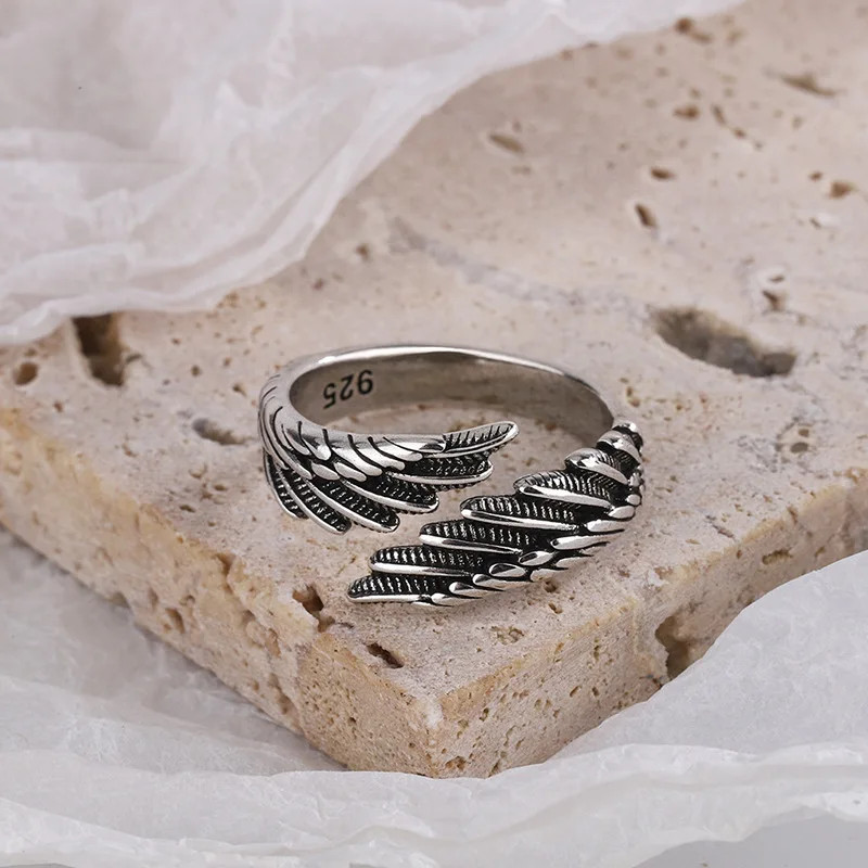 925 Sterling Silver Angel Wing Feather Adjustable Rings For Women Engagement