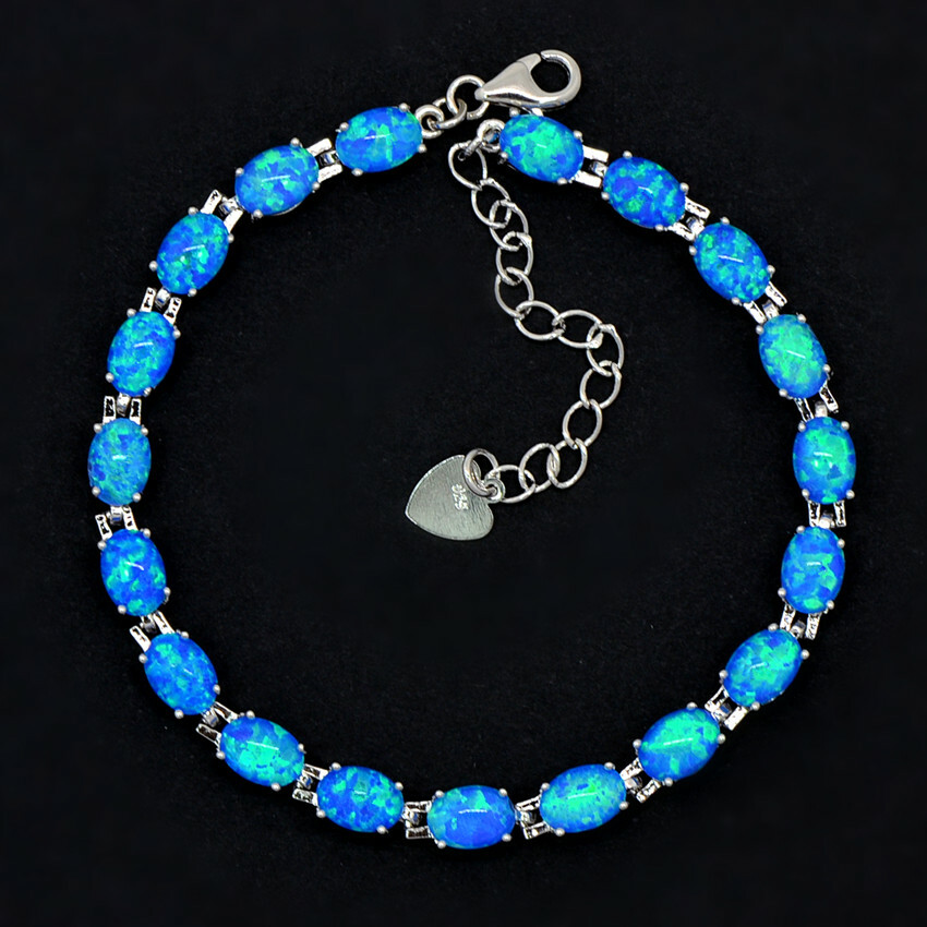 Vikoly Blue/White/Orange/Pink Oval 925 Sterling Sliver Fire Opal Bracelet 18cm