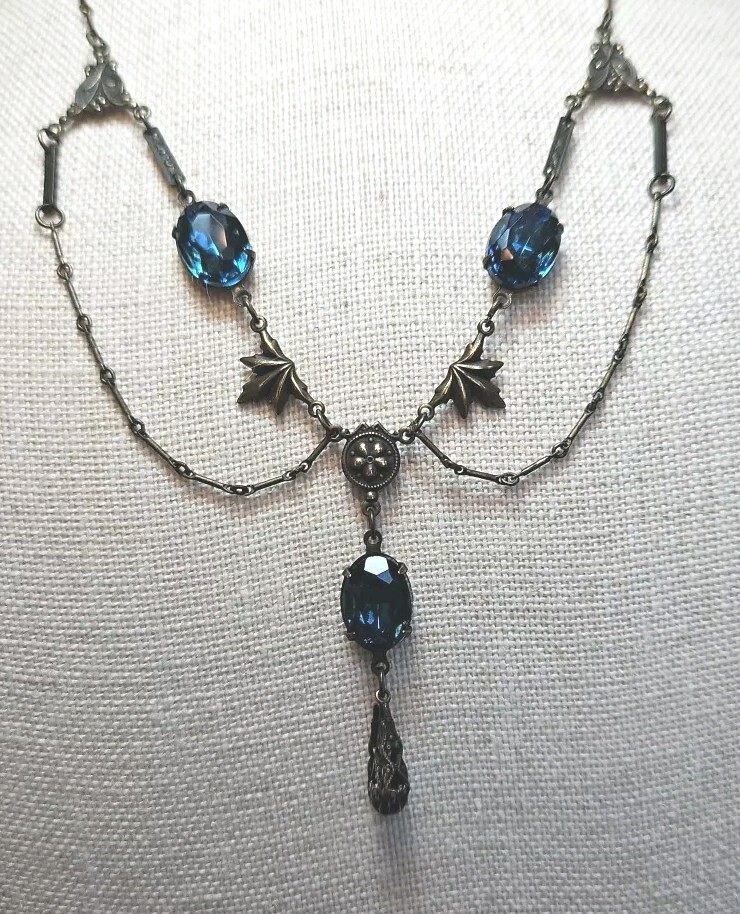 SWEET ROMANCE Necklace Blue Sapphire Colored Stones Antiqued Bronze Tone 405J