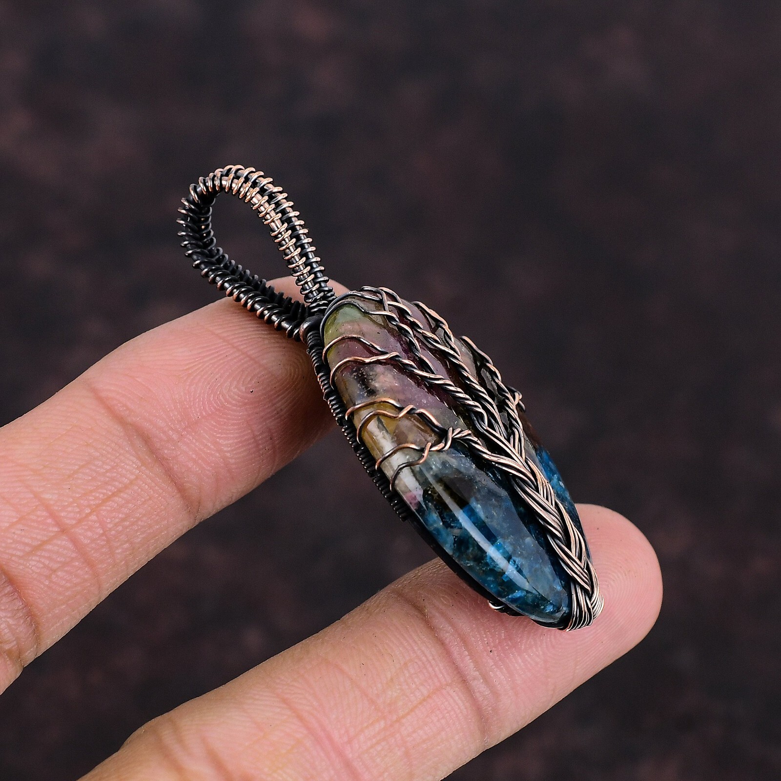 Watermelon Tourmaline Copper Friend Gift Wire Wrapped Tree Of Life Pendant 2.36″
