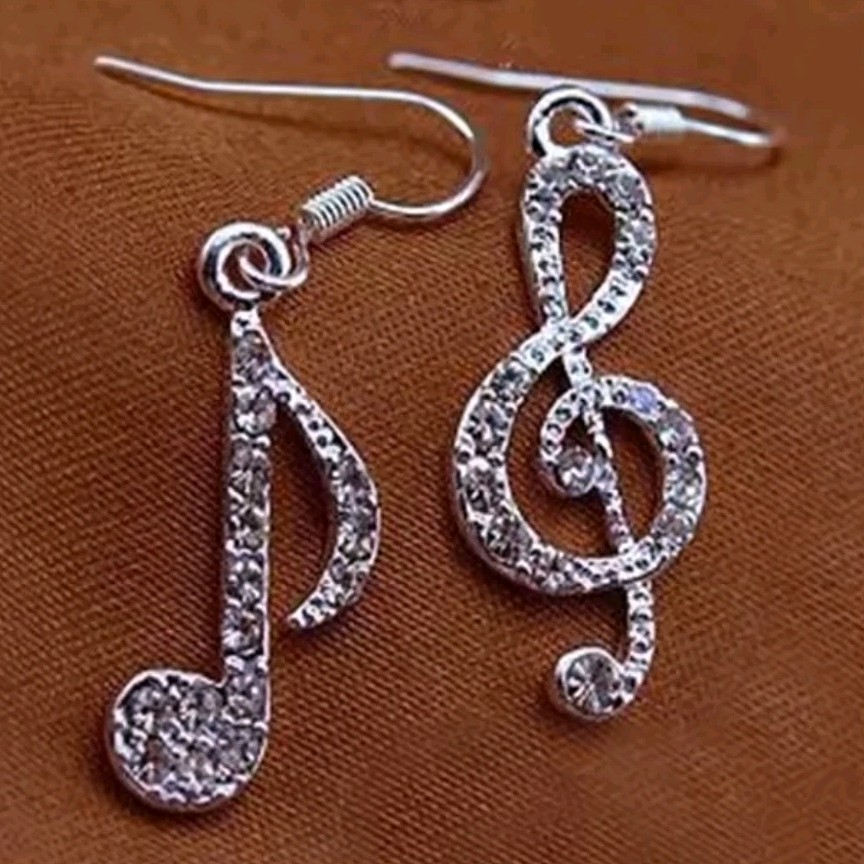 Silver Tone Music Notes Rhinestone Earrings – Musician Jewelry for Women