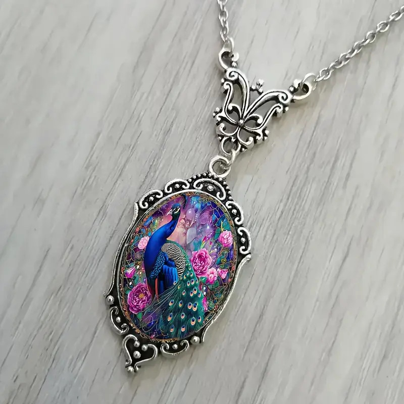 Peacock Ornate Silver Necklace Bird Jewelry Vintage Silvery Pendant