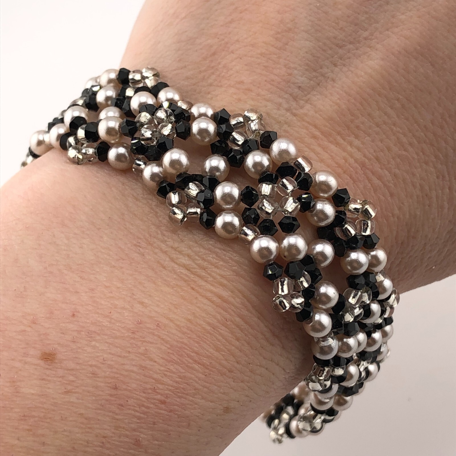 Woven Bead Bracelet Black, White & Pale Pink Beads Valentine’s Retro Festival