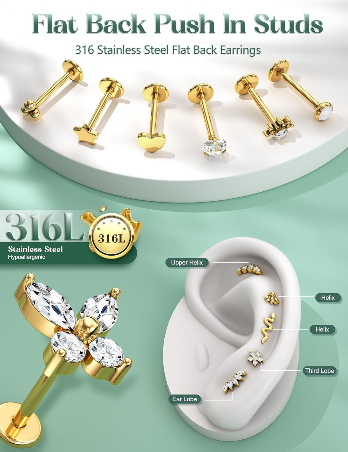 14K Gold Plated Push in Stud Earrings, 316L Surgical Steel Flat Back Earrings Th