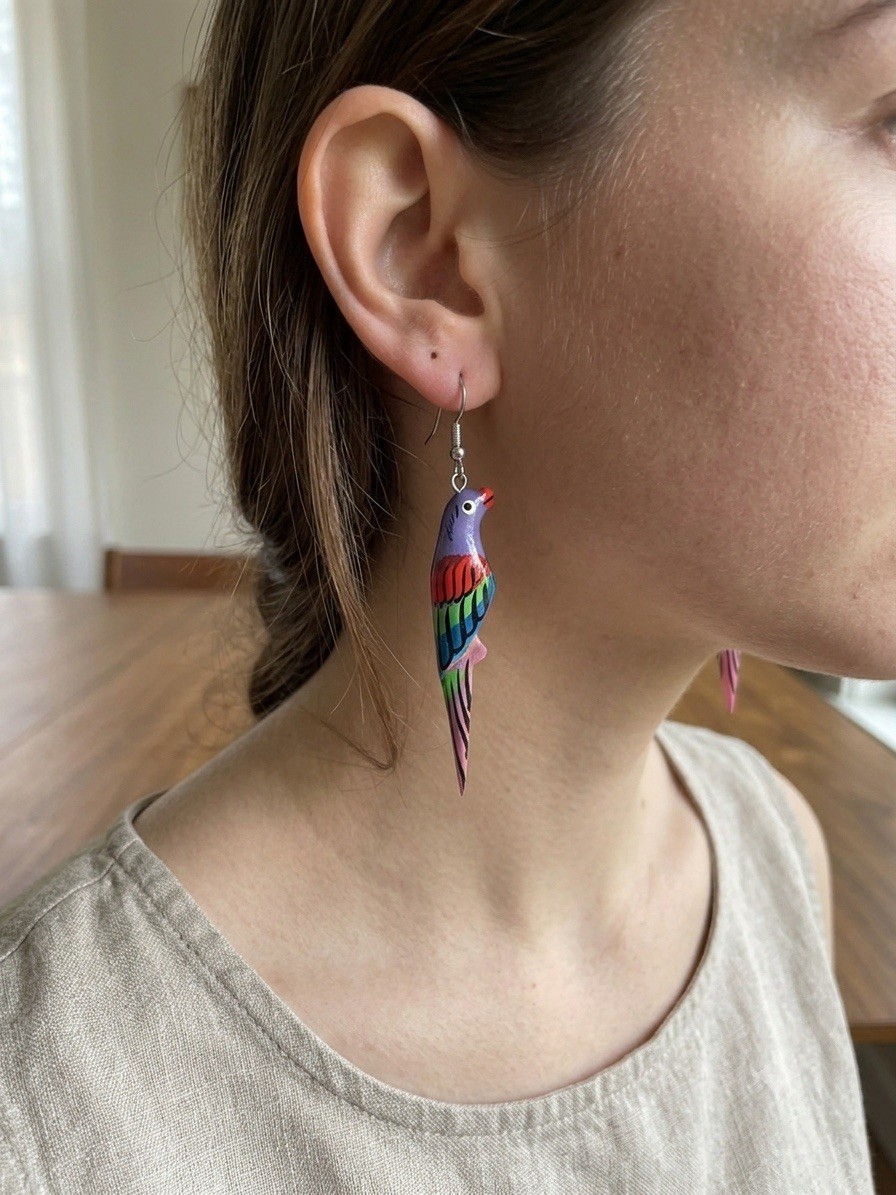 Wooden Bird Parrot Earrings Cute Wood Dangle Hook Parakeet Retro Vintage Japan