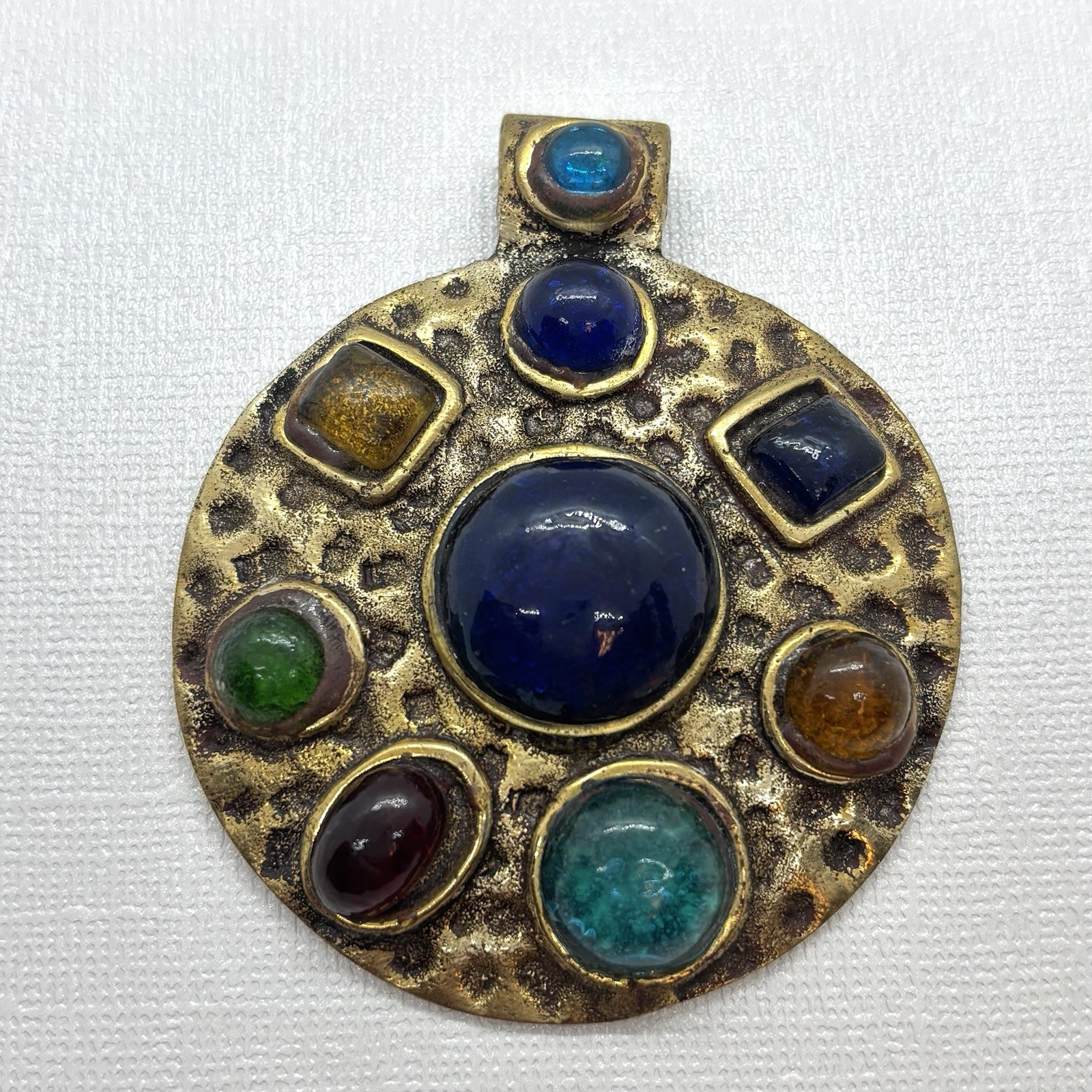 Multi Stone Cabochon Round Pendant Hammered Brass Metal Artisan Boho