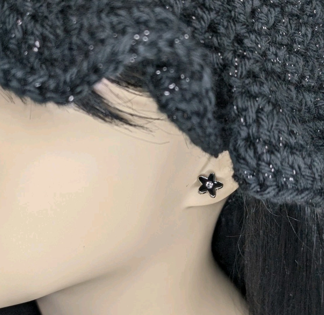 NEW Earrings Black Flower With Clear Rhinestone Sterling Silver Studs Earrings