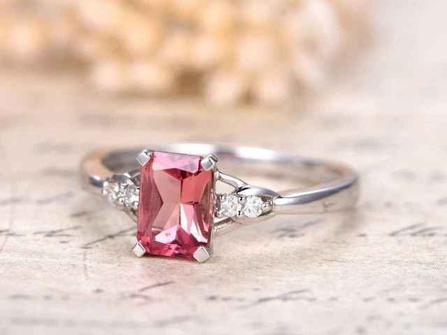 2Ct Emerald Cut Simulated Pink Tourmaline Engagement Ring 14K White Gold Plated
