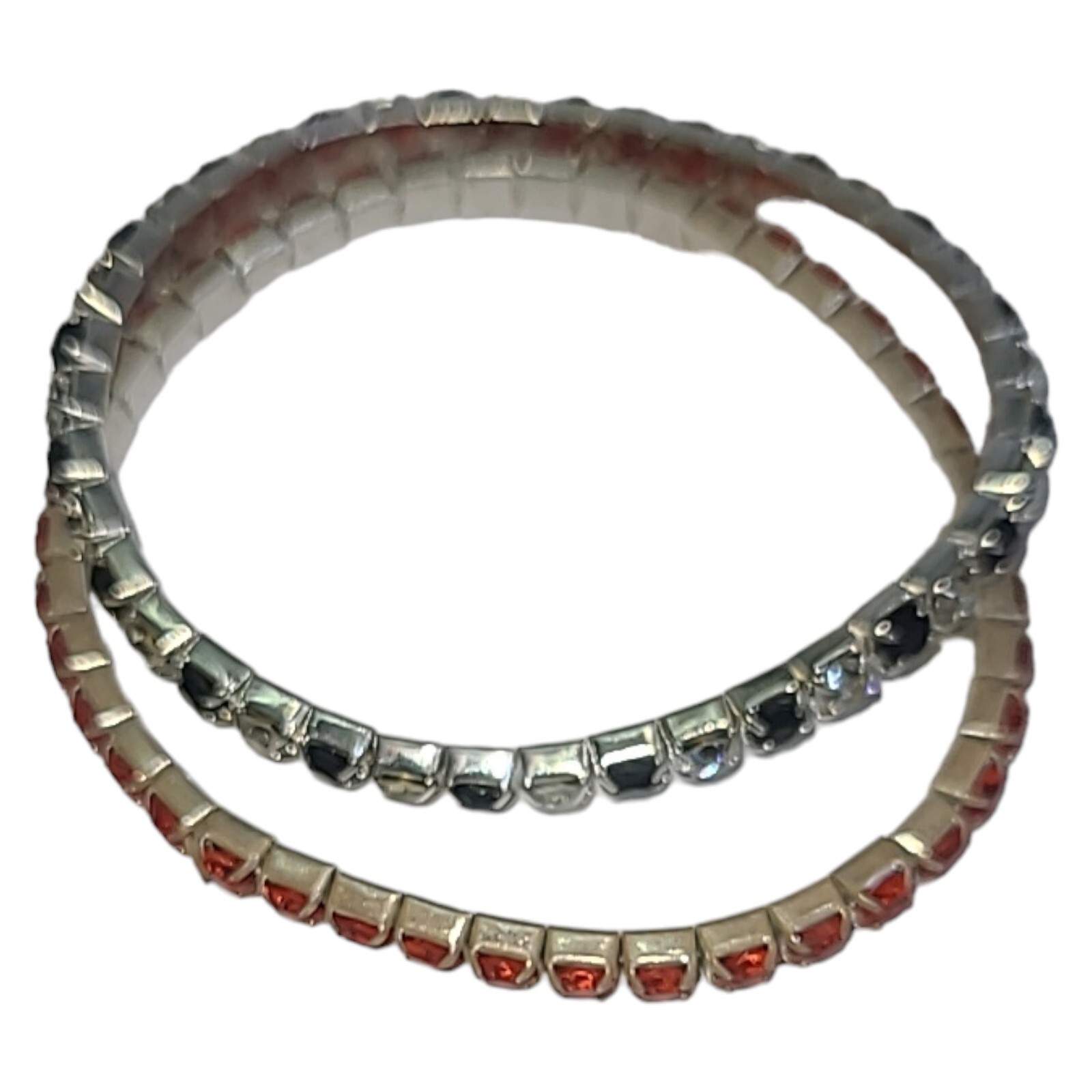Lot of 2 Silver Tone 3.5mm Crystal Renstein Stretch Bracelets Red, Black & White