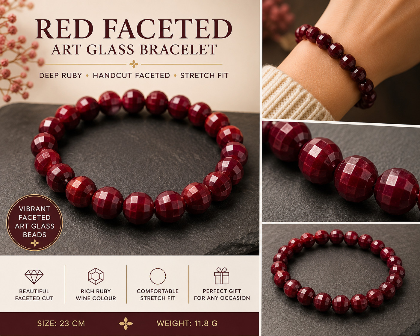 Red Faceted Art Glass Stretch Bracelet Ruby Garnet Wine Bead Bracelet 23cm Vinta
