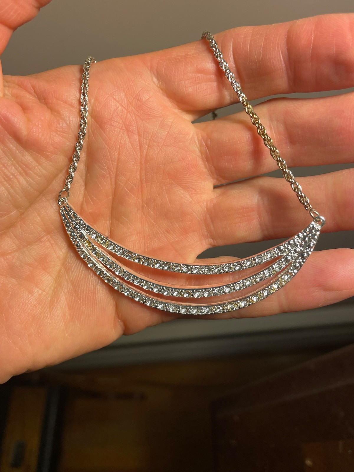 Elegant Station Necklace w/Three Scalloped Rows of Clear Crystal Rhinestones 18″