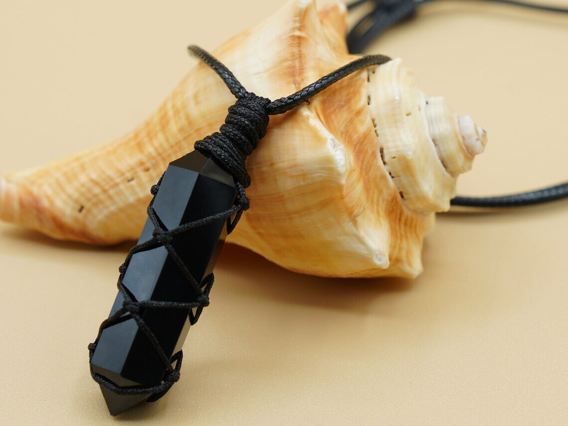 Natural Black Obsidian Crystal Pendant Black Gemstone Double Point Wrap Necklace