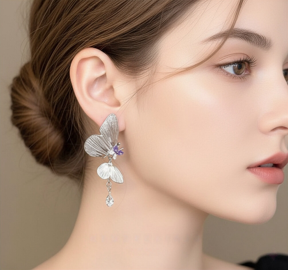 Butterfly Dangle Earrings Silver Elegant Drop Earrings Sparkling Jewelry Gift