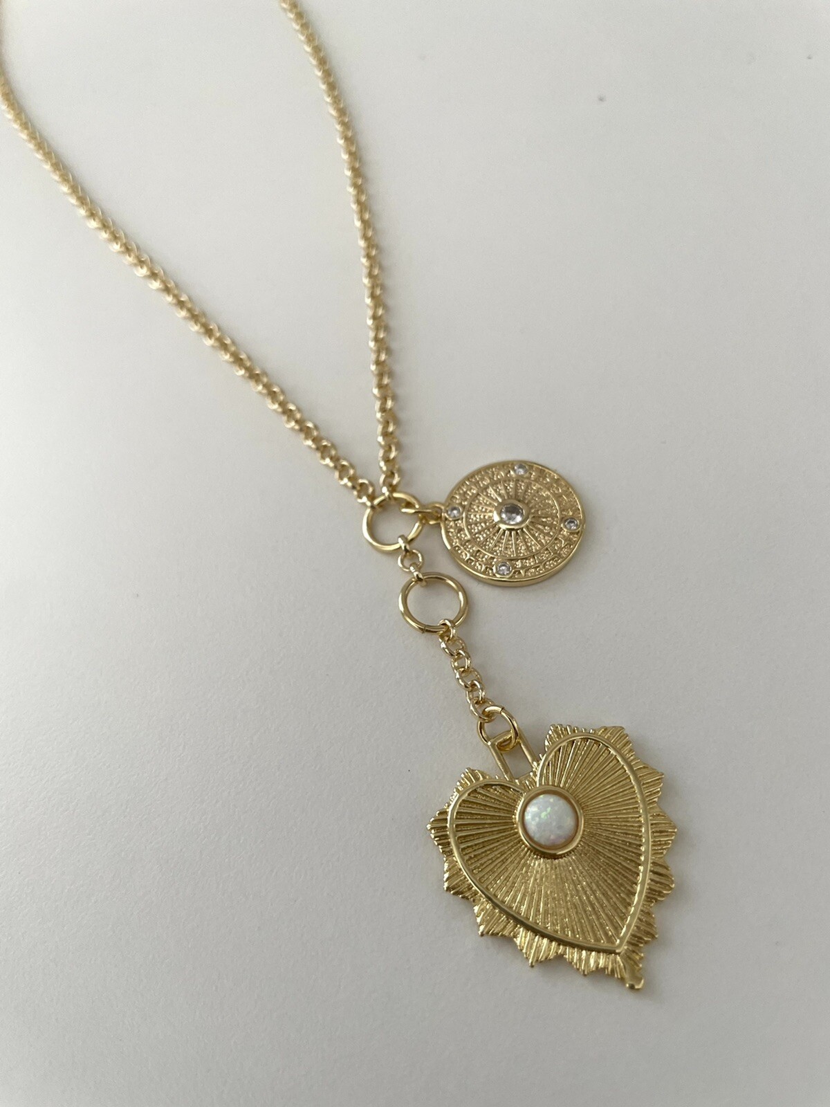 Multi Charm Rolo Chain Necklace Radial Heart Medallion Compass Charm Lariat