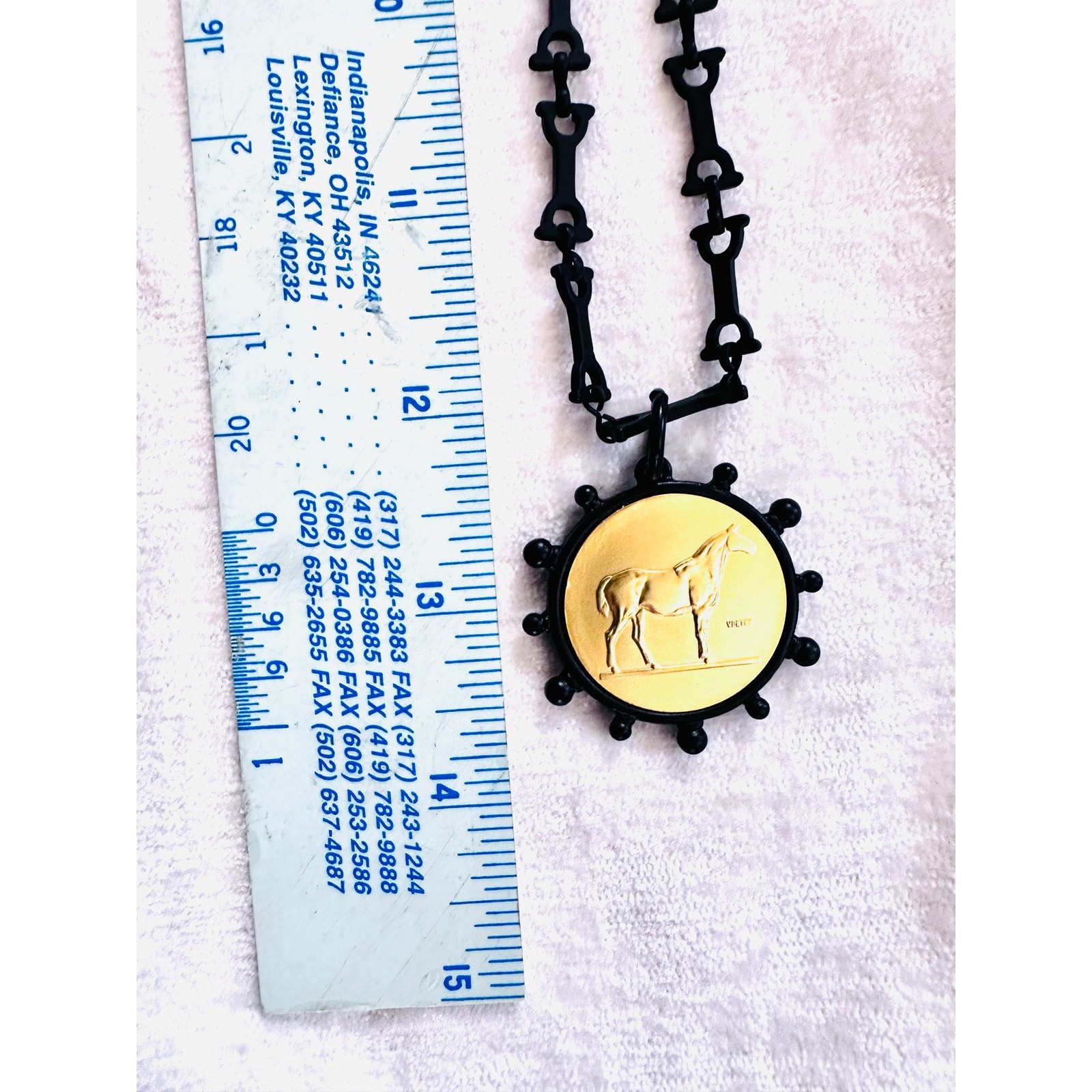 Black and Gold Intaglio Necklace 24” equestrian horse bit chain.
