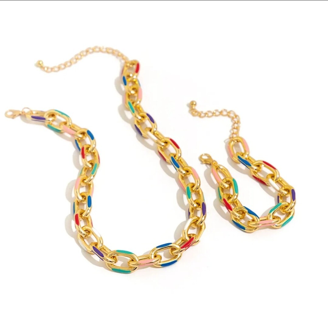 Chunky Statement Jewelry Set Gold Multi Color Necklace & Bracelet 13-8