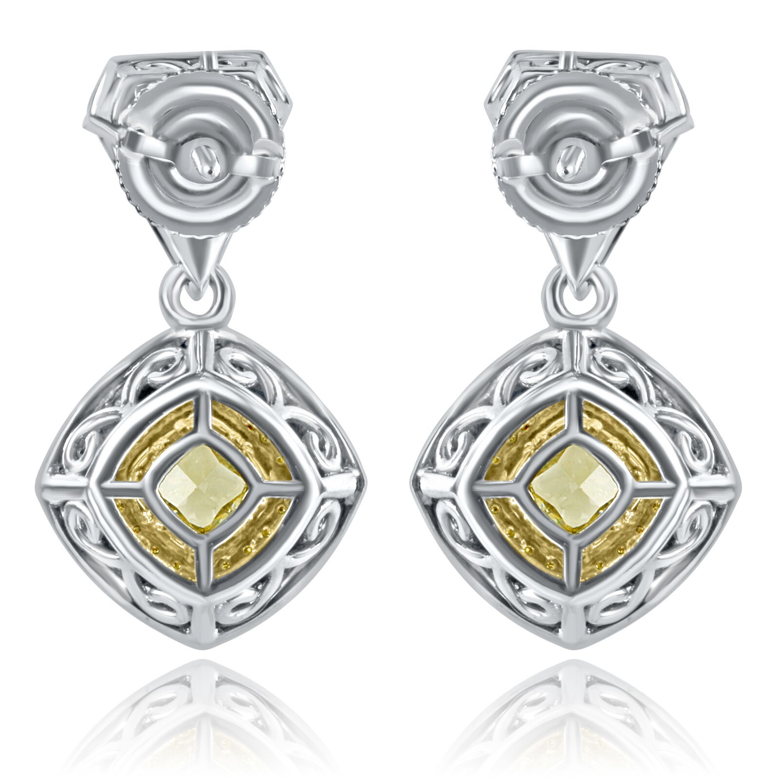 Drop Dangle Earrings 1.62 TCW Cushion Trillion Yellow Diamond 14k White Gold
