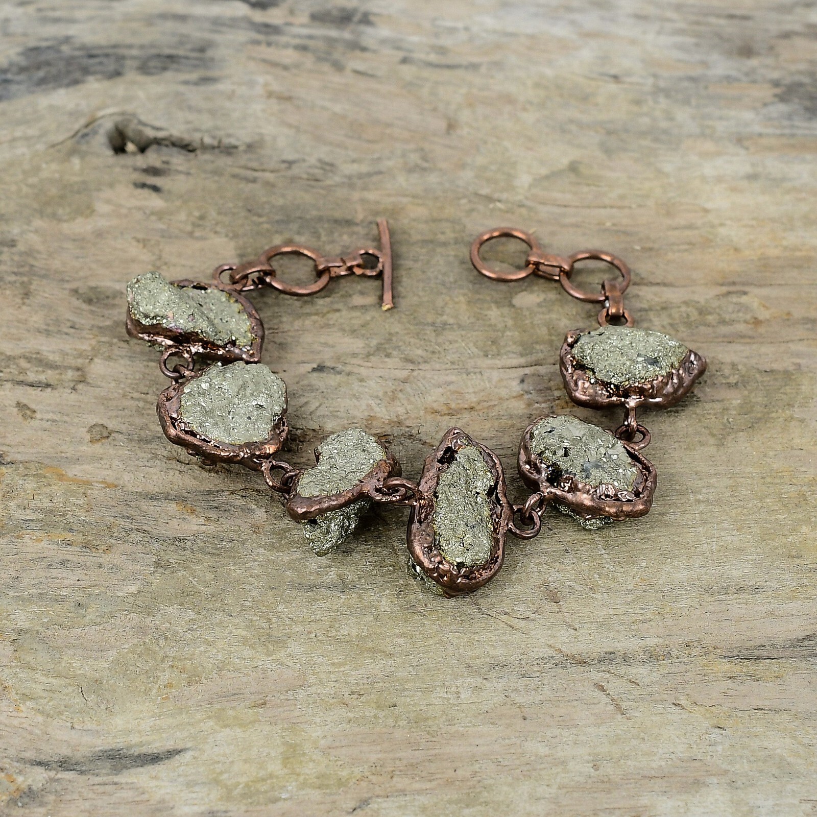 Pyrite Rough Copper Love Gift Electroformed Chain Adjustable Bracelet 6.0″