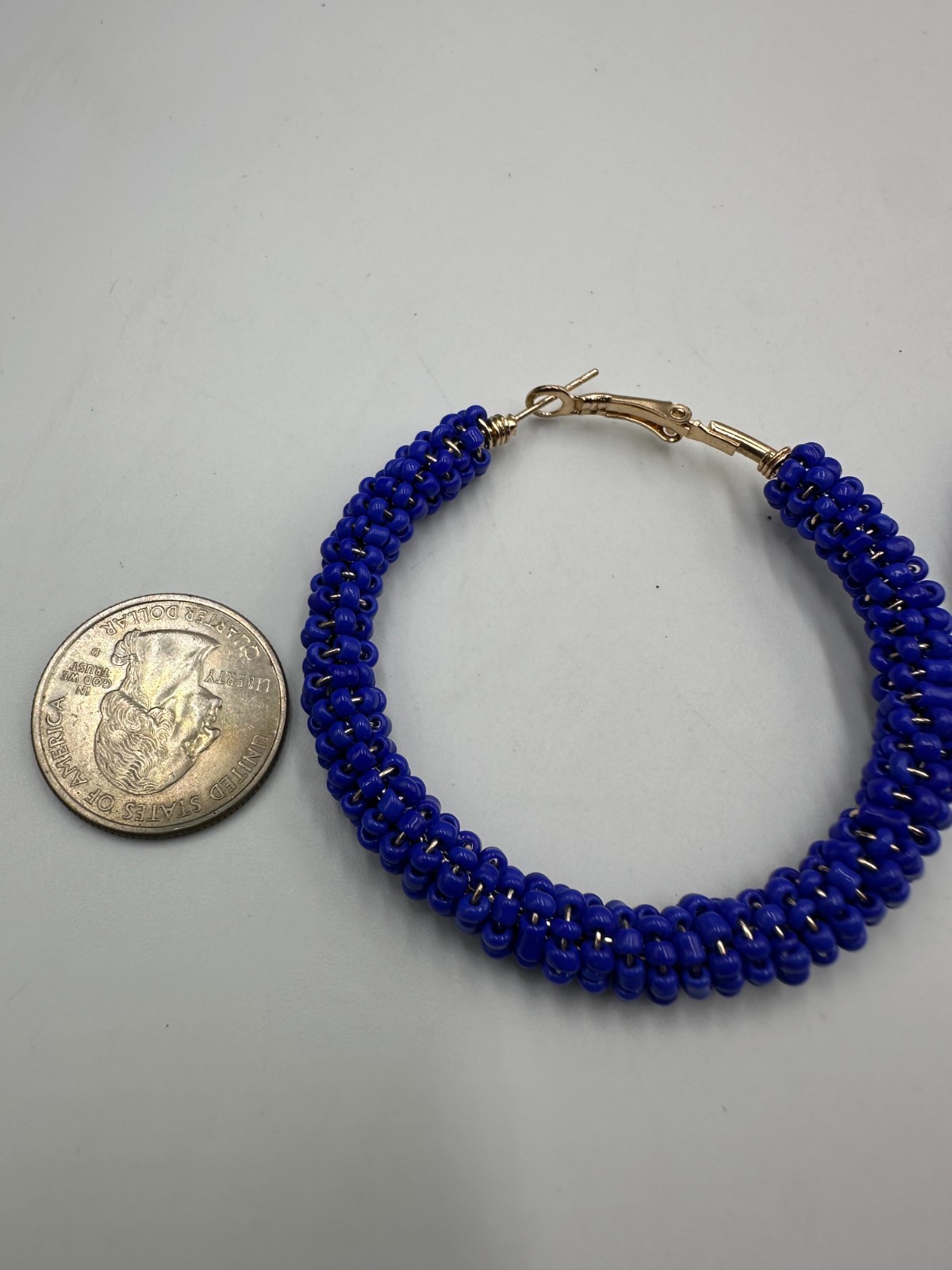 Blue Beaded Hoop Earrings Gold Tone Seed Beads Wire Wrapped Chunky Statement