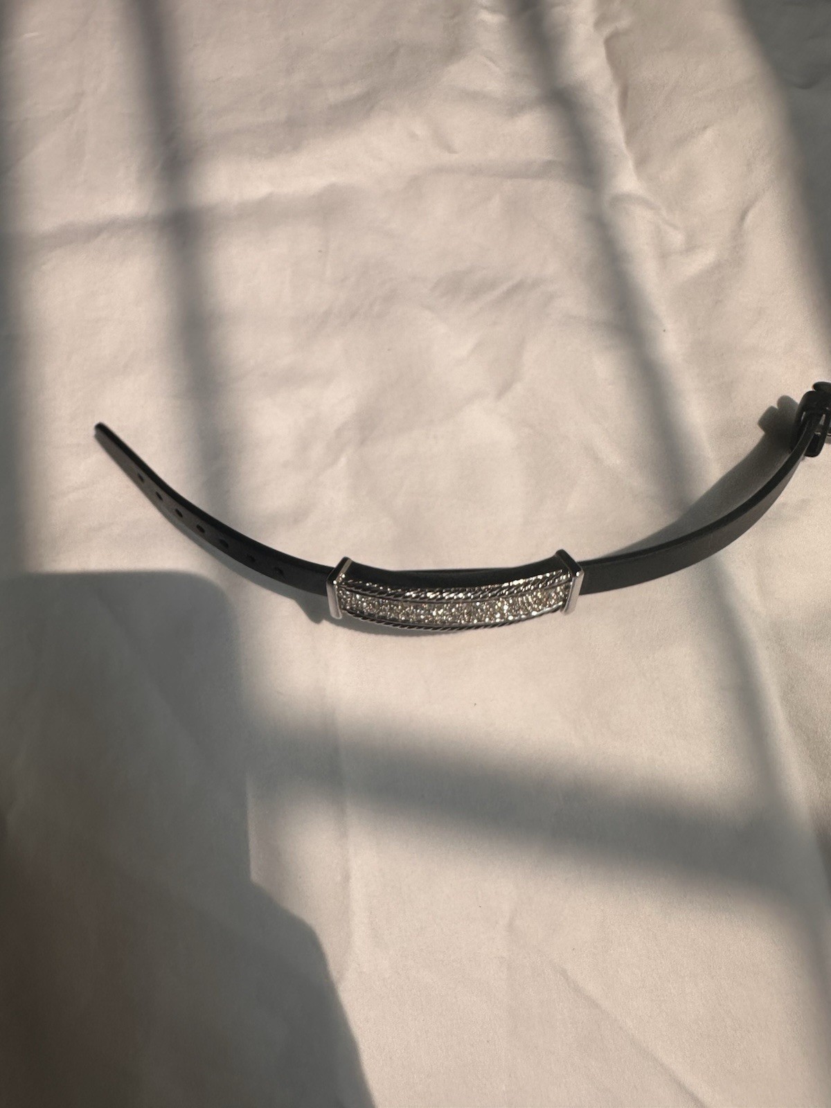 Black Faux Leather Buckle Bangle Bracelet Rectangular Pavé Crystal Panel