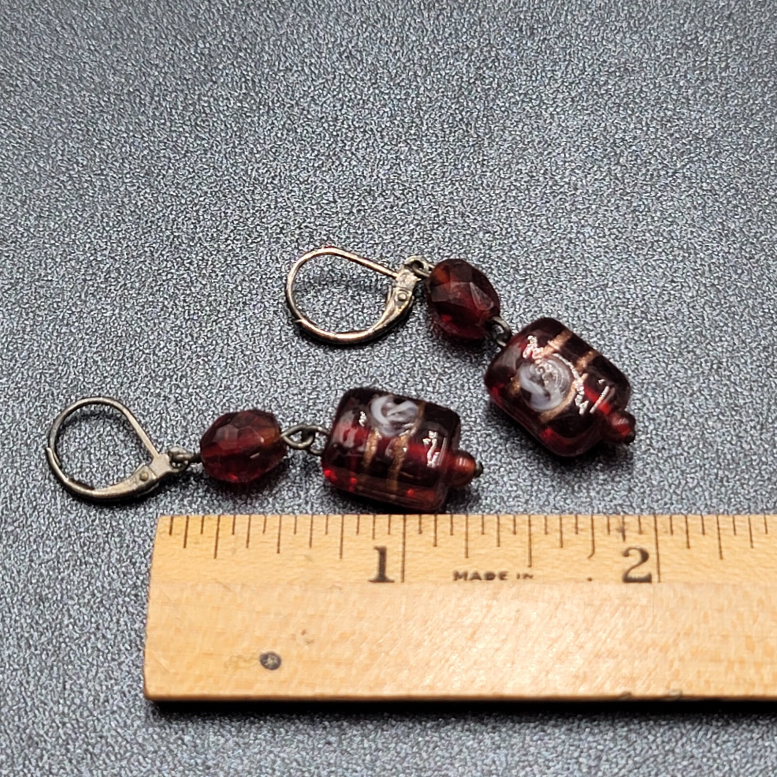 Pierced Earrings Black Metal Red Art Glass Beads 1.25″