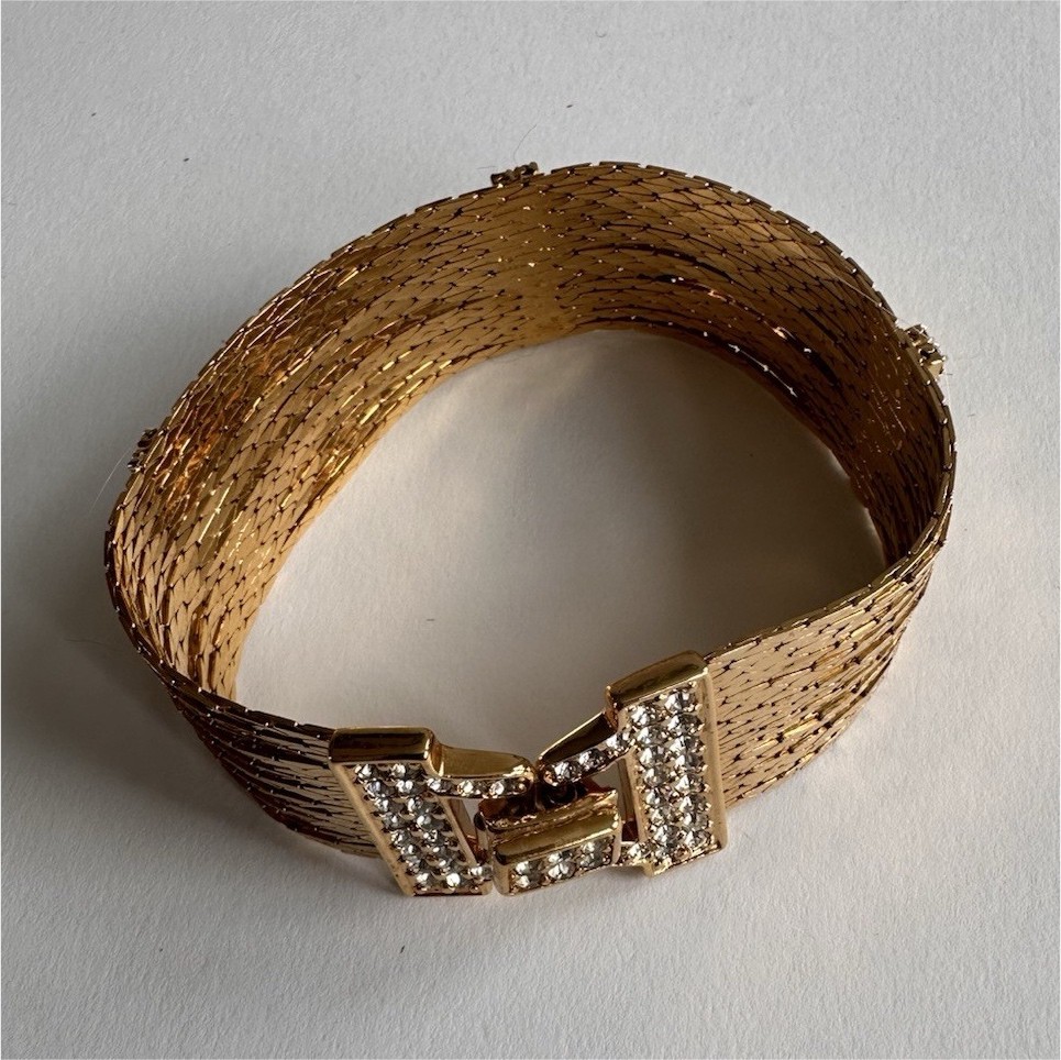 90s vintage Gold Tone Mesh Cuff Bracelet Pavé Simulated Crystal Buckle Box Clasp