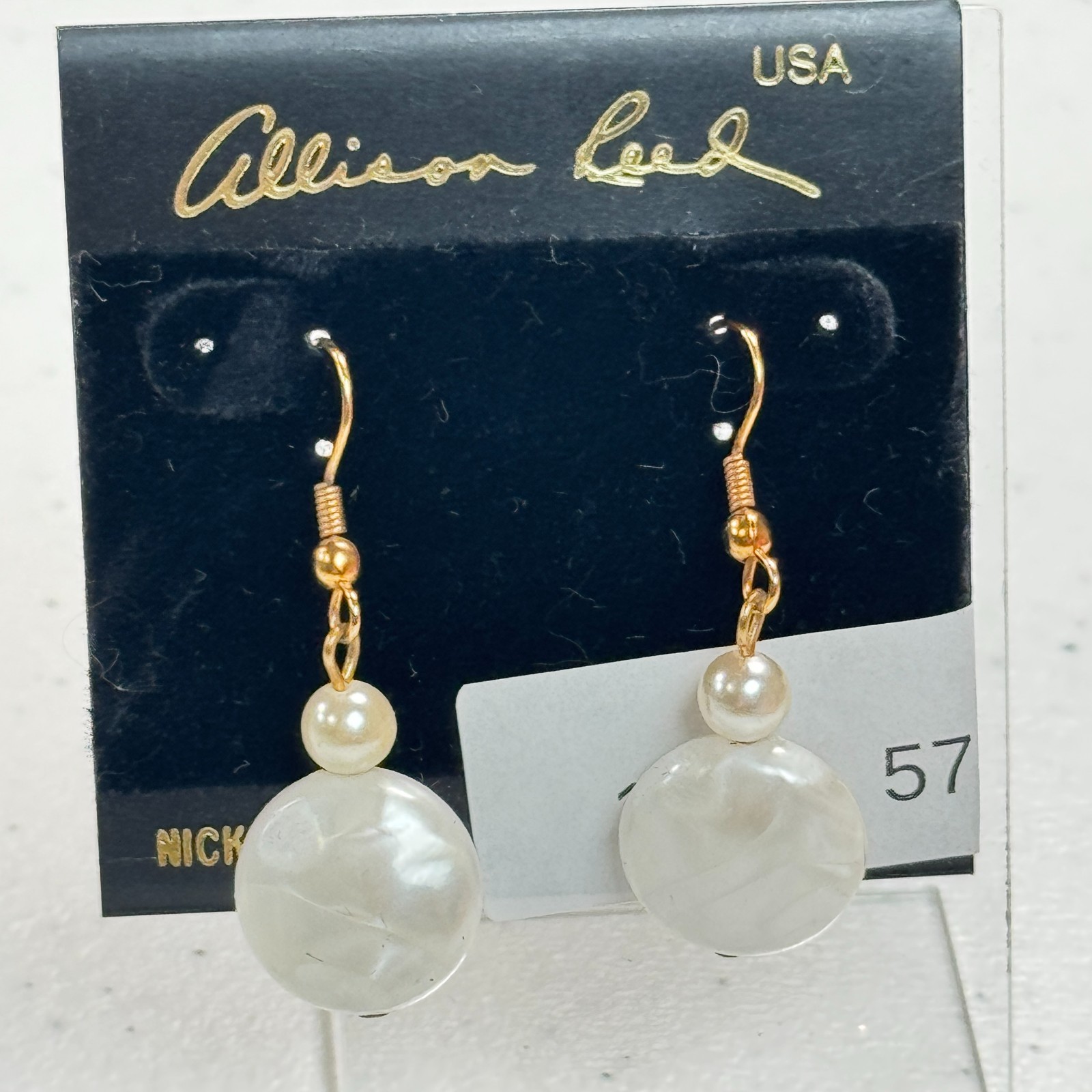 Vintage Allison Reed USA Pierced Earrings Faux Pearl Double Bead Drop Gold Tone
