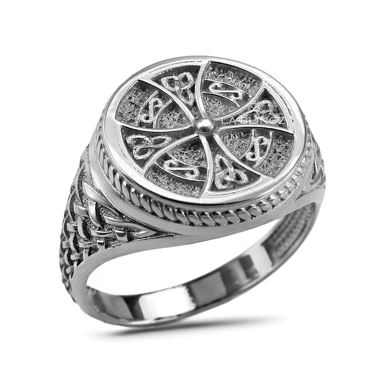 Round Sterling Silver Celtic Cross Ring Statement Signet with Knotted Weave Band