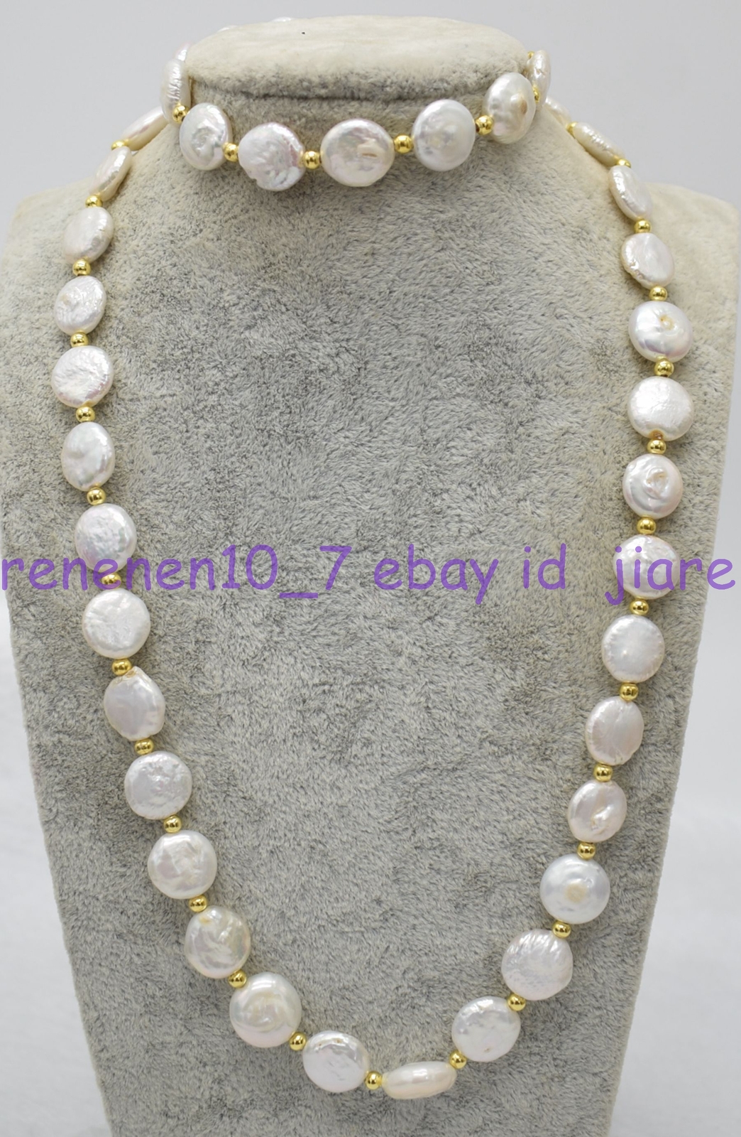 Natural 11-12mm White Coin Freshwater Pearl Necklace Bracelet 18&7.5in Z2283