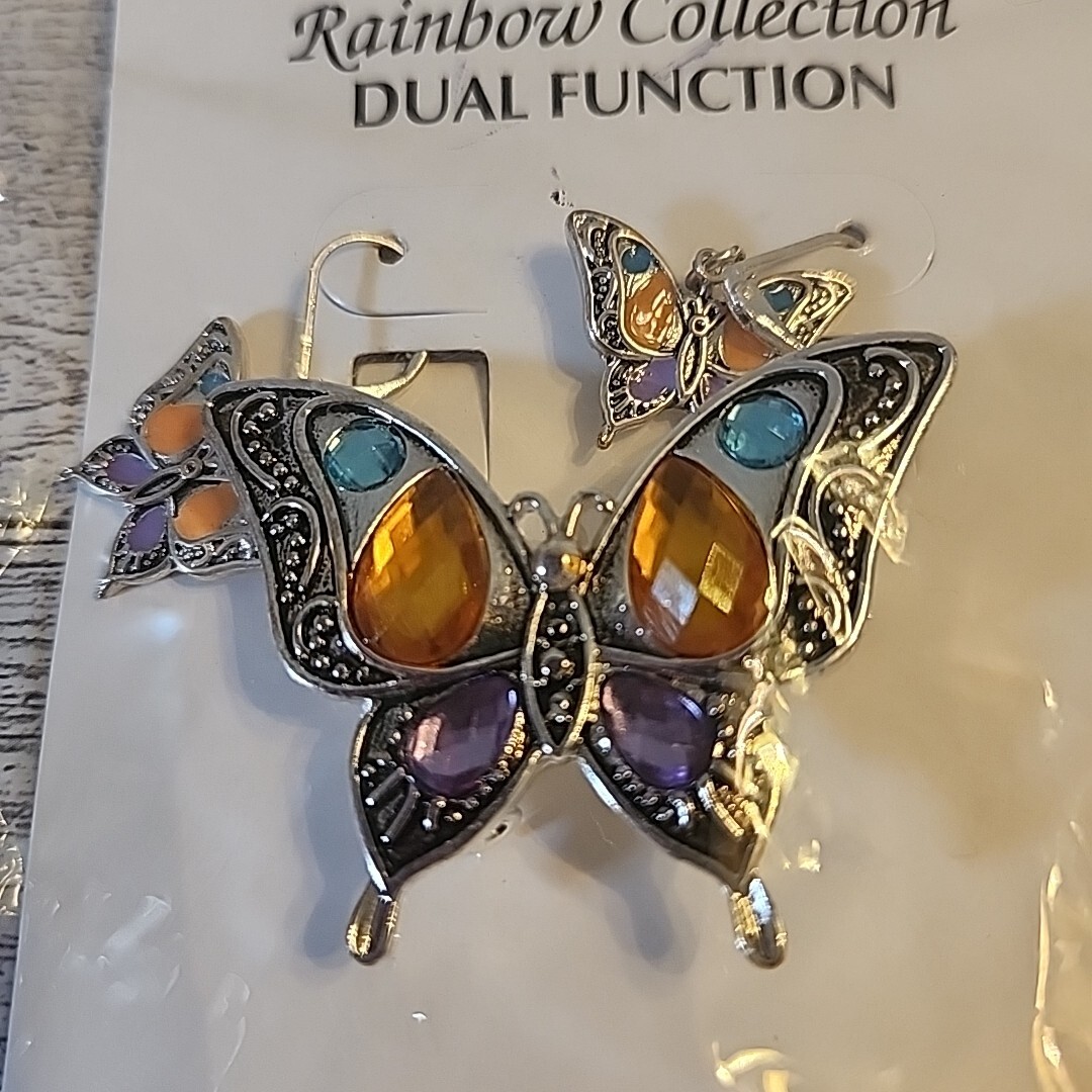 Butterfly Pin and Pierced Wired Earrings Set Silver-tone Multicolor Gems NEW