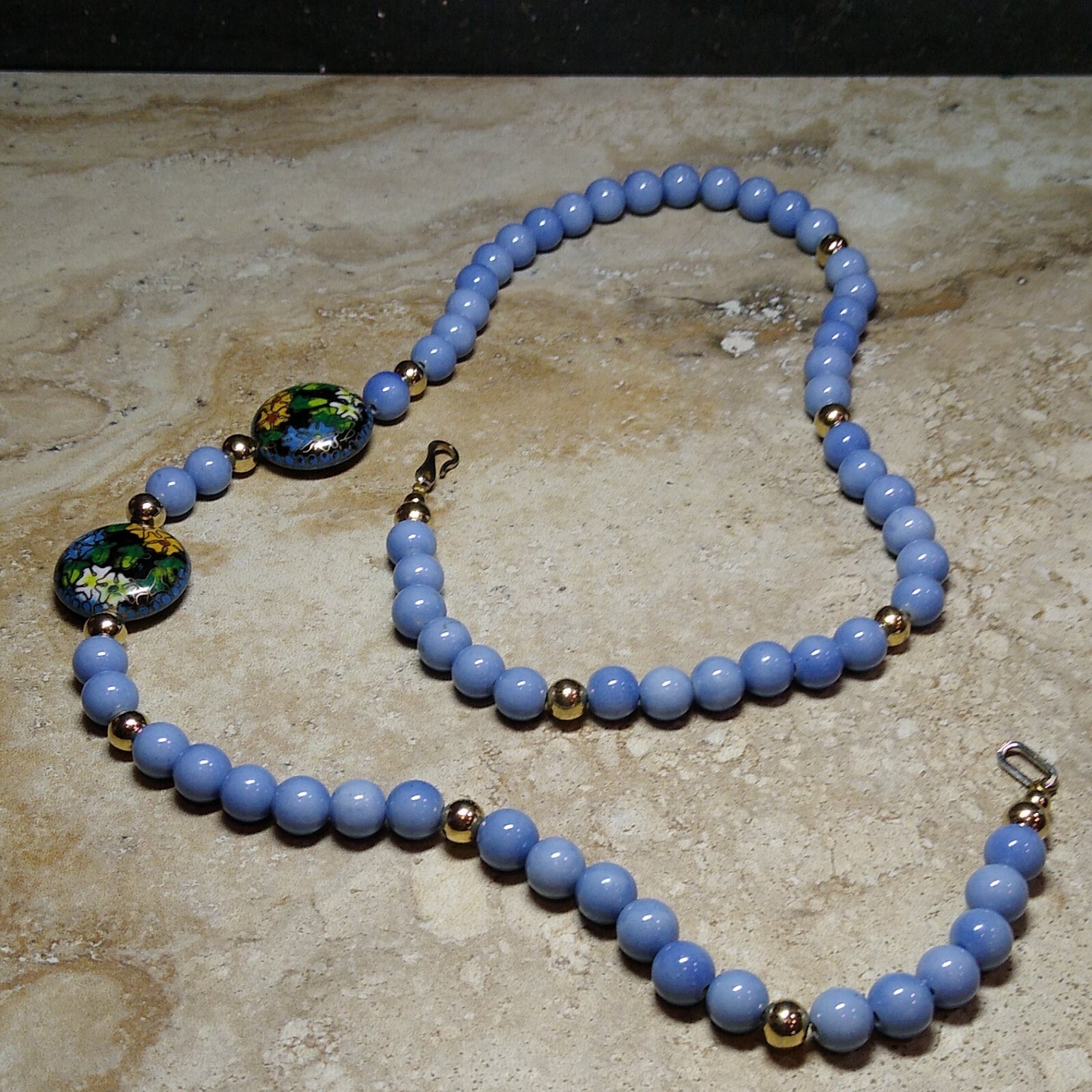 CERAMIC Bead Chinese CLOISONNE Lily Flower Ivy 20″ Necklace Periwinkle Tone EUC!