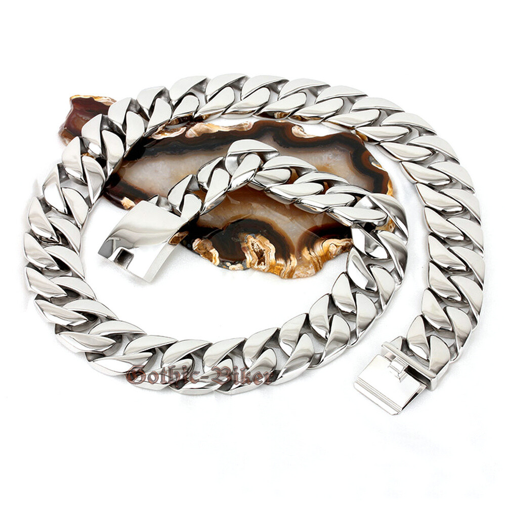 Heavy Silver Curb Cuban Mens Chain Huge Stainless Steel Thick Necklace 24mm Wide