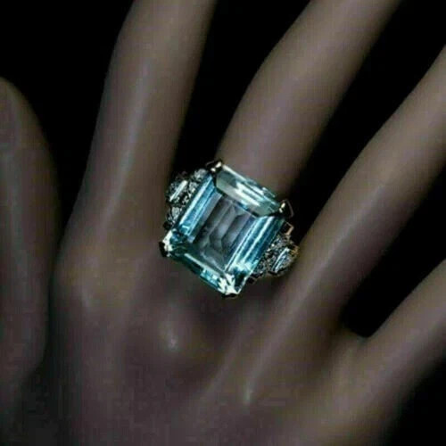 7.20 Ct Emerald Cut Natural Aquamarine & Diamond Wedding Ring 14K GOLD PLATED