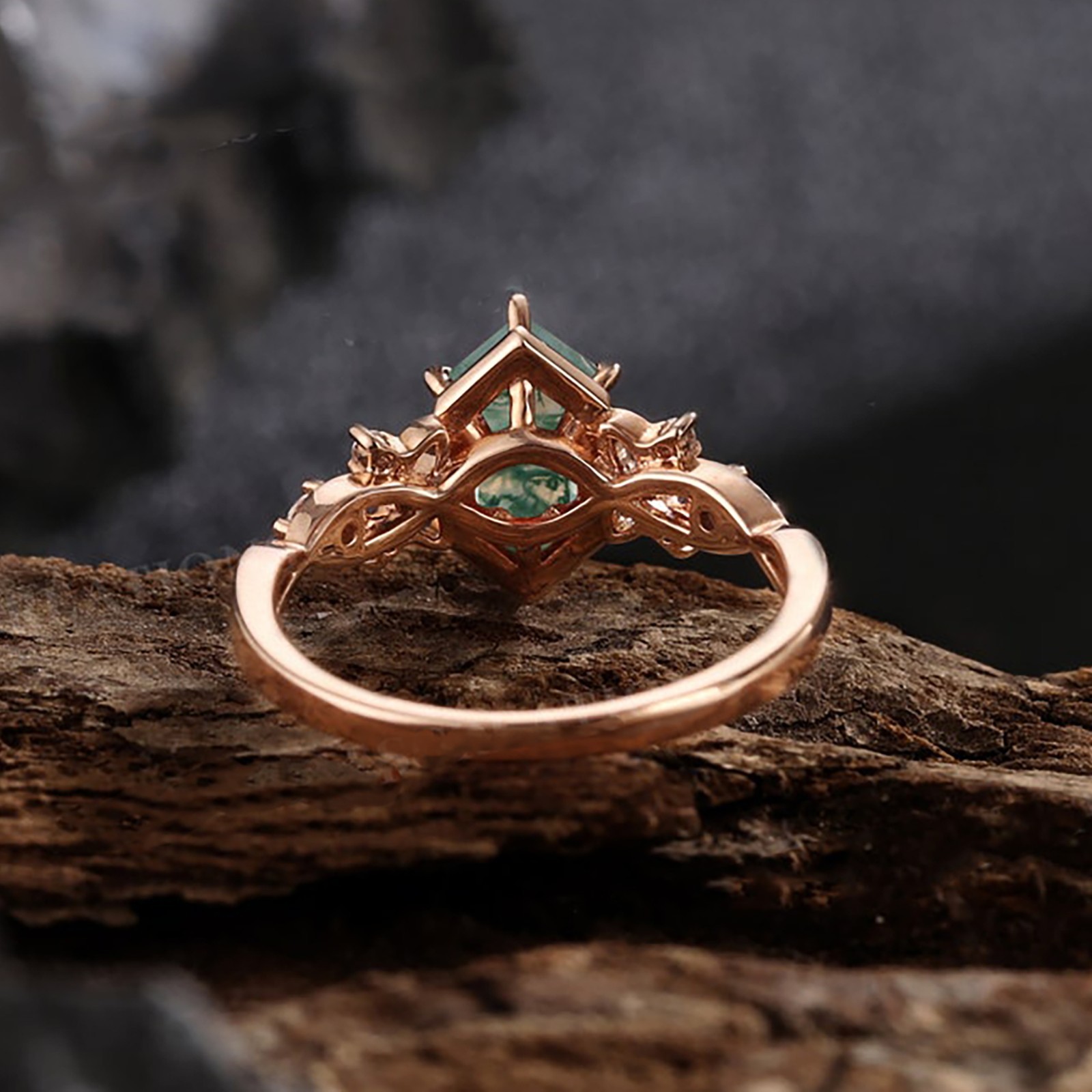 Unique Hexagon Cut Moss Agate &Moissanite Engagement Ring, Celtic Knot Band Ring