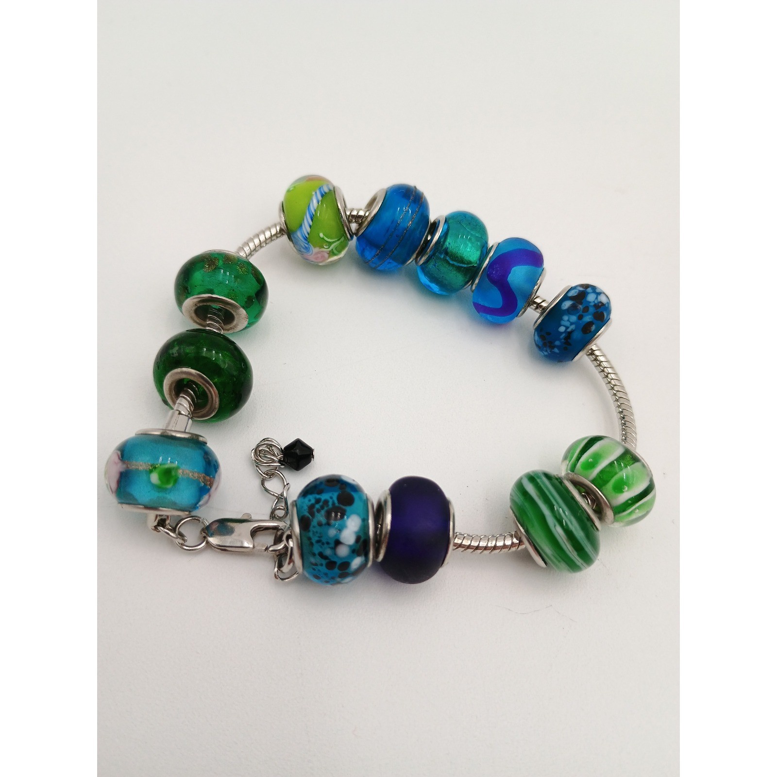 Blue Green Glass Lampwork Bead Bracelet Silver Tone Snake Chain Adjustable 8.5″