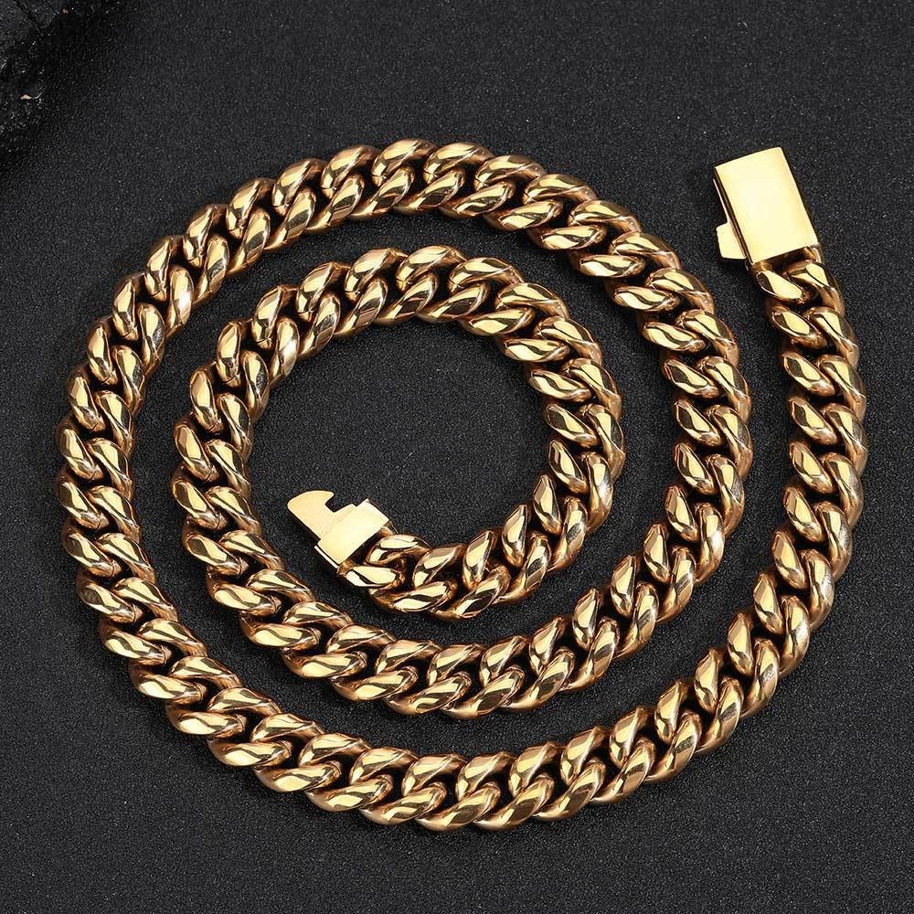 Miami Cuban Chain Necklace Men, 14k Gold Plated Stainless Steel 6–12mm 16–30″