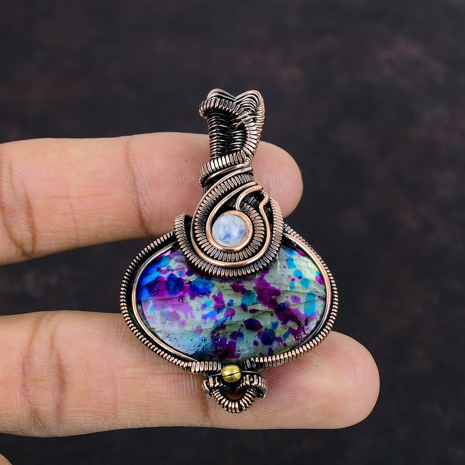 Multi Fire Labradorite Copper Valentine Gift Wire Wrapped Pendant 2.36″