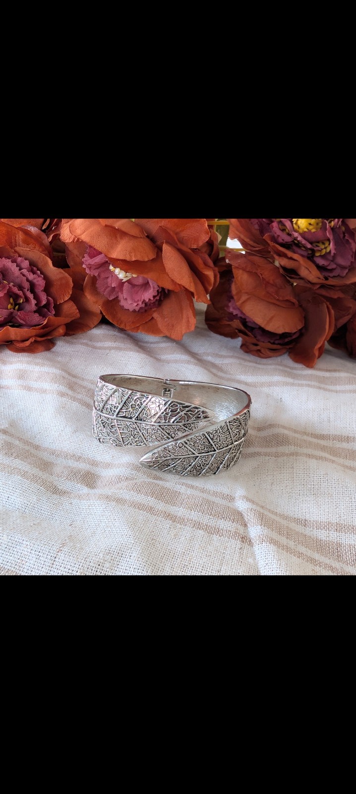 Silver Tone Wide Hinged Cuff Bracelet with Etched Geometric Pattern, Metal